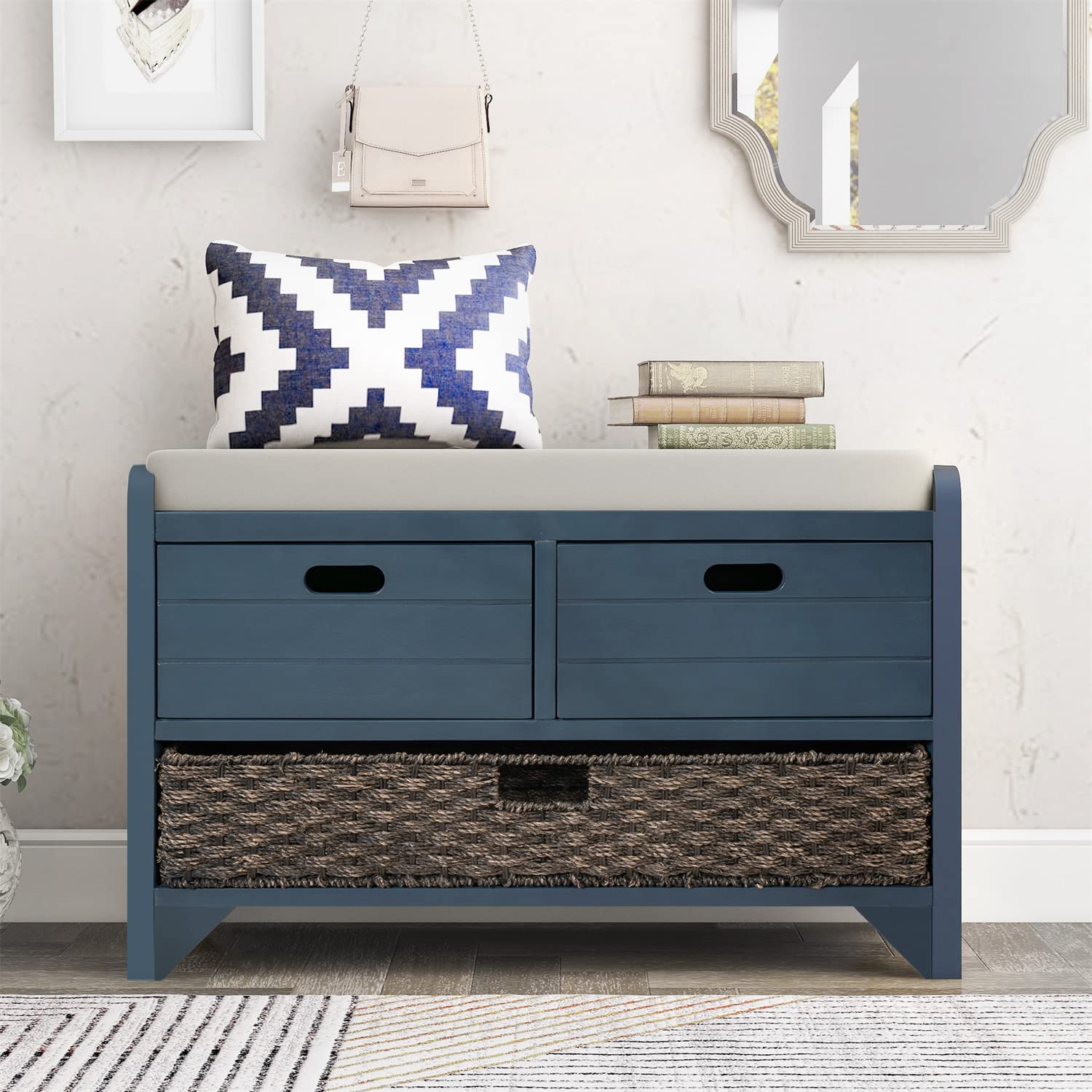 Wooden Storage Bench with 2 Drawers & Wicker Baskets - Fully Assembled Entryway Bench with Thick Cushion - Shoe Organizer for Hallway, Living Room, Bedroom (Navy Blue) - Perfect for Entry Storage, Shoe Organization & Home Decor