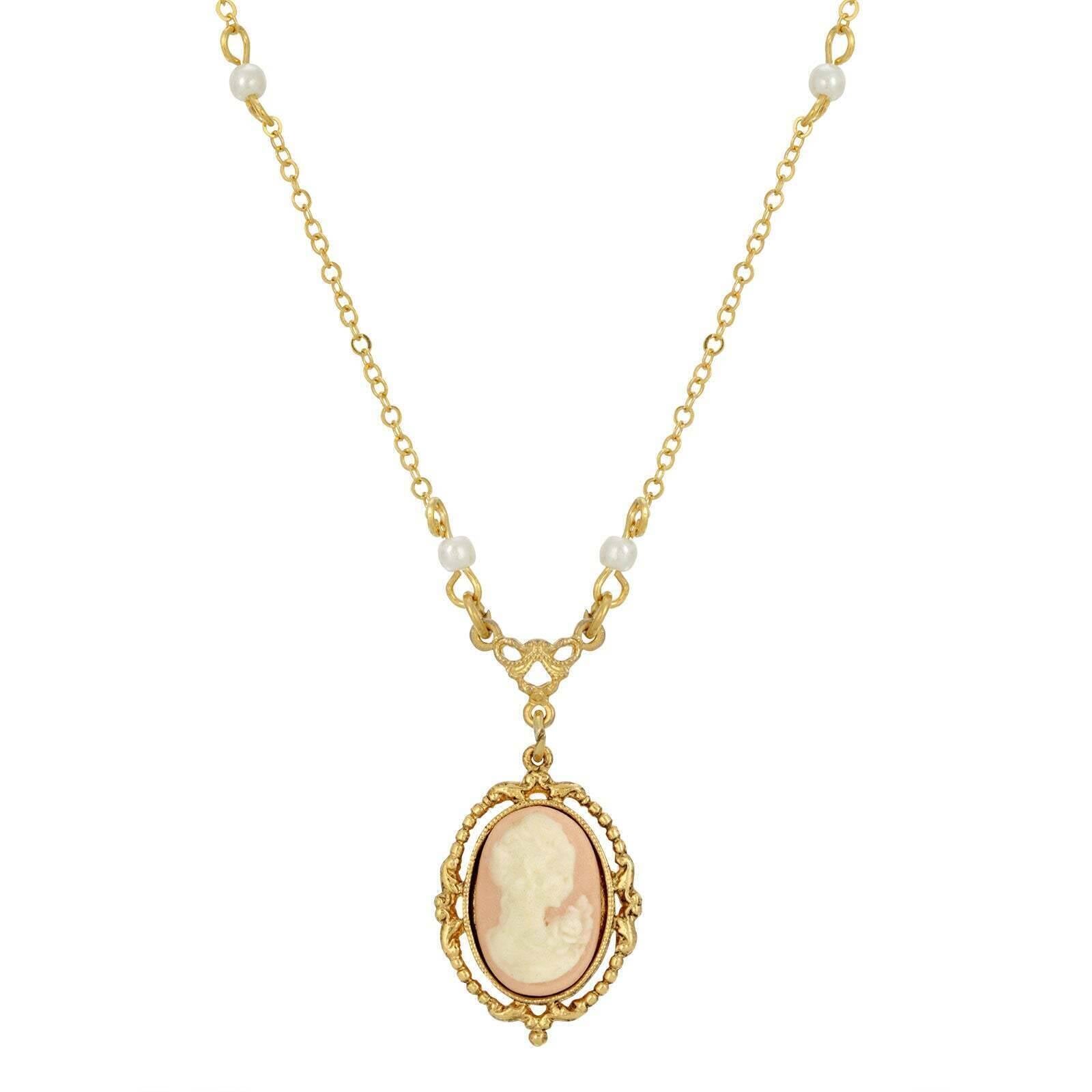 1928 Jewelry Light Pink Oval Cameo Faux Pearl Pendant Necklace - 16