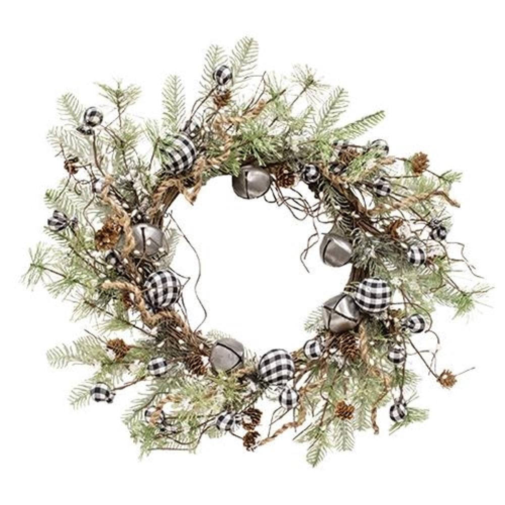 Black and White Country Gingham Bells Wreath - 24 Inch Rustic Farmhouse Christmas Door Decor for Holiday Home & Party Decoration