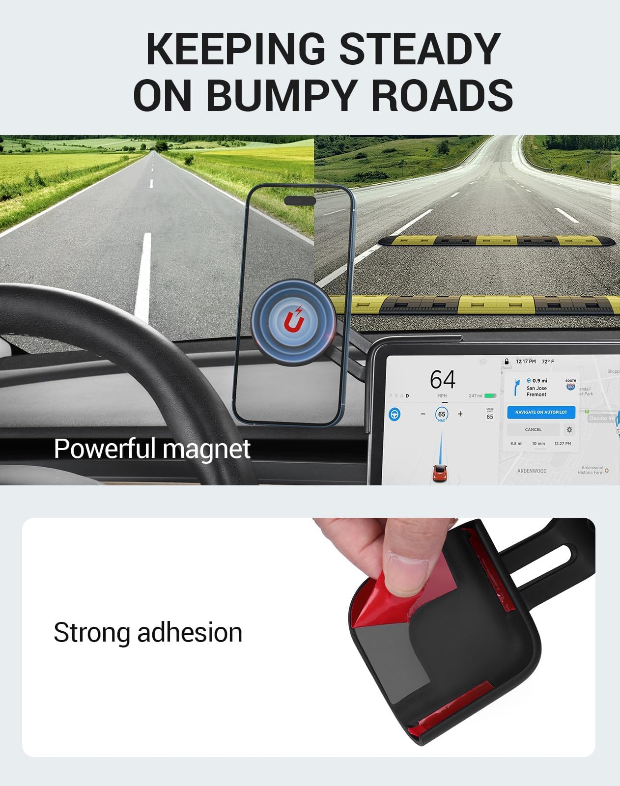 BASENOR Magnetic Phone Holder for Tesla Model 3 & Y - 360° Adjustable Strong Magnet Stand with Magsafe Compatibility - Fits iPhone & Android Phones - Perfect for Hands-Free Navigation & Streaming in Your Tesla