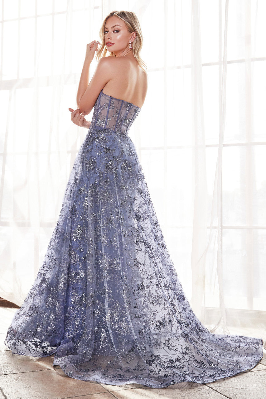 Nova Glitter Fitted Gown with Overskirt in Smoky Blue - Elegant Formal Evening Dress for Prom, Wedding & Special Occasions