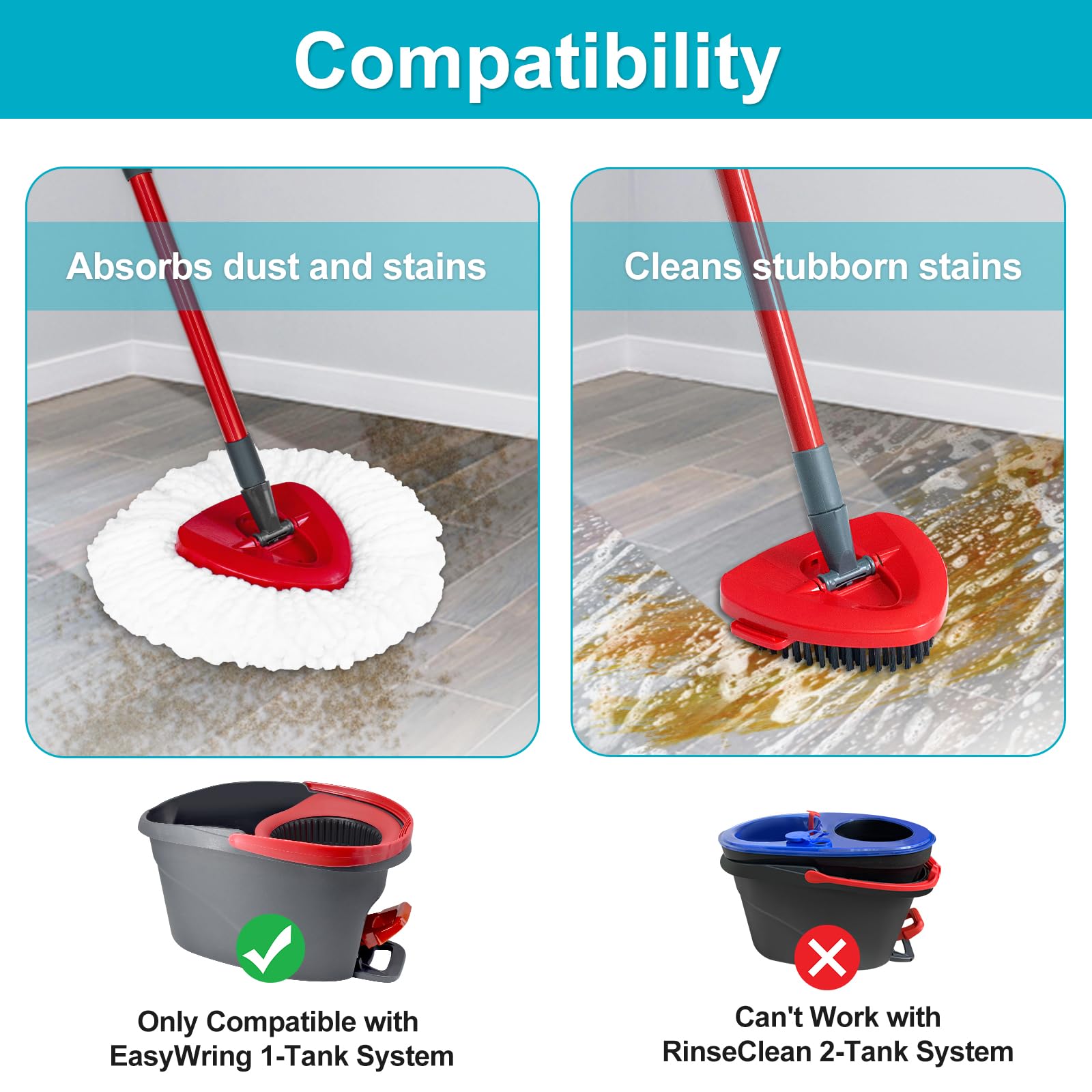 OCeda EasyWring Spin Mop Replacement Parts Set - 2 Microfiber Mop Refills, 4-Section Adjustable 30-58in Iron Handle, Mop Head Cover & Scrubber Head - Compatible with 1 Tank System - Perfect for Hardwood Floors, Tile & Kitchen Cleaning