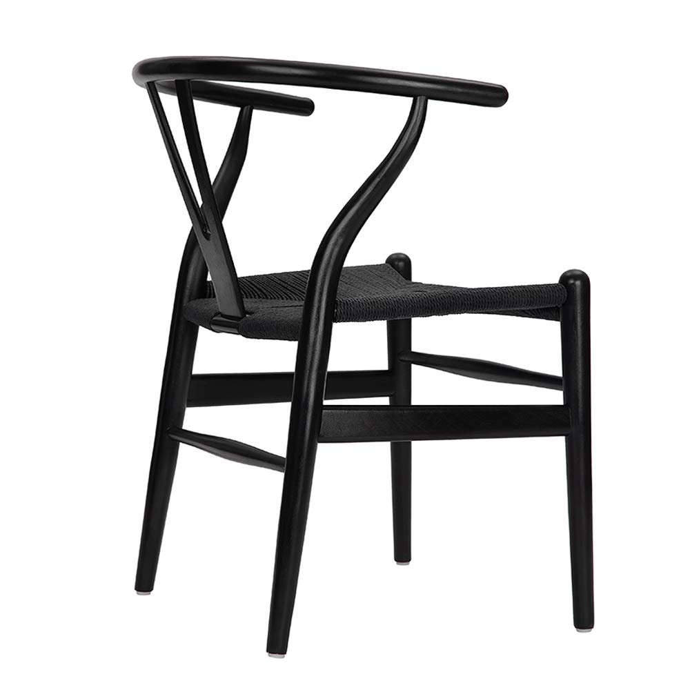Wishbone Chair Set of 2 - Solid Ash Wood Armrest with Woven Seat - Modern Black Dining Chairs for Kitchen, Restaurant & Home Decor - Scandinavian Design Y-Back Chairs