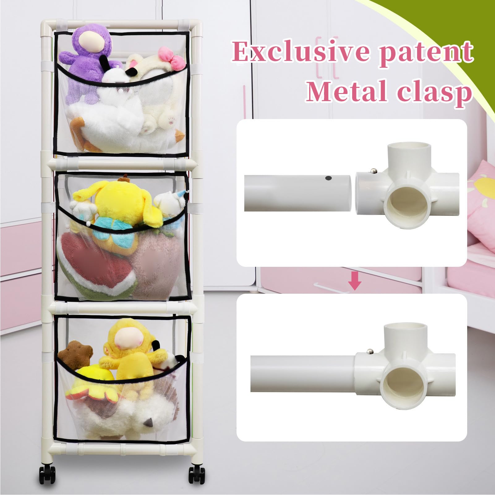 Soft Plush Animal Storage Organizer with Metal Frame, Elastic Bands & Wheels - Stuffed Toy Holder for Nursery, Playroom & Bedroom Decor - Perfect for Kids' Room Organization & Toy Storage Solutions