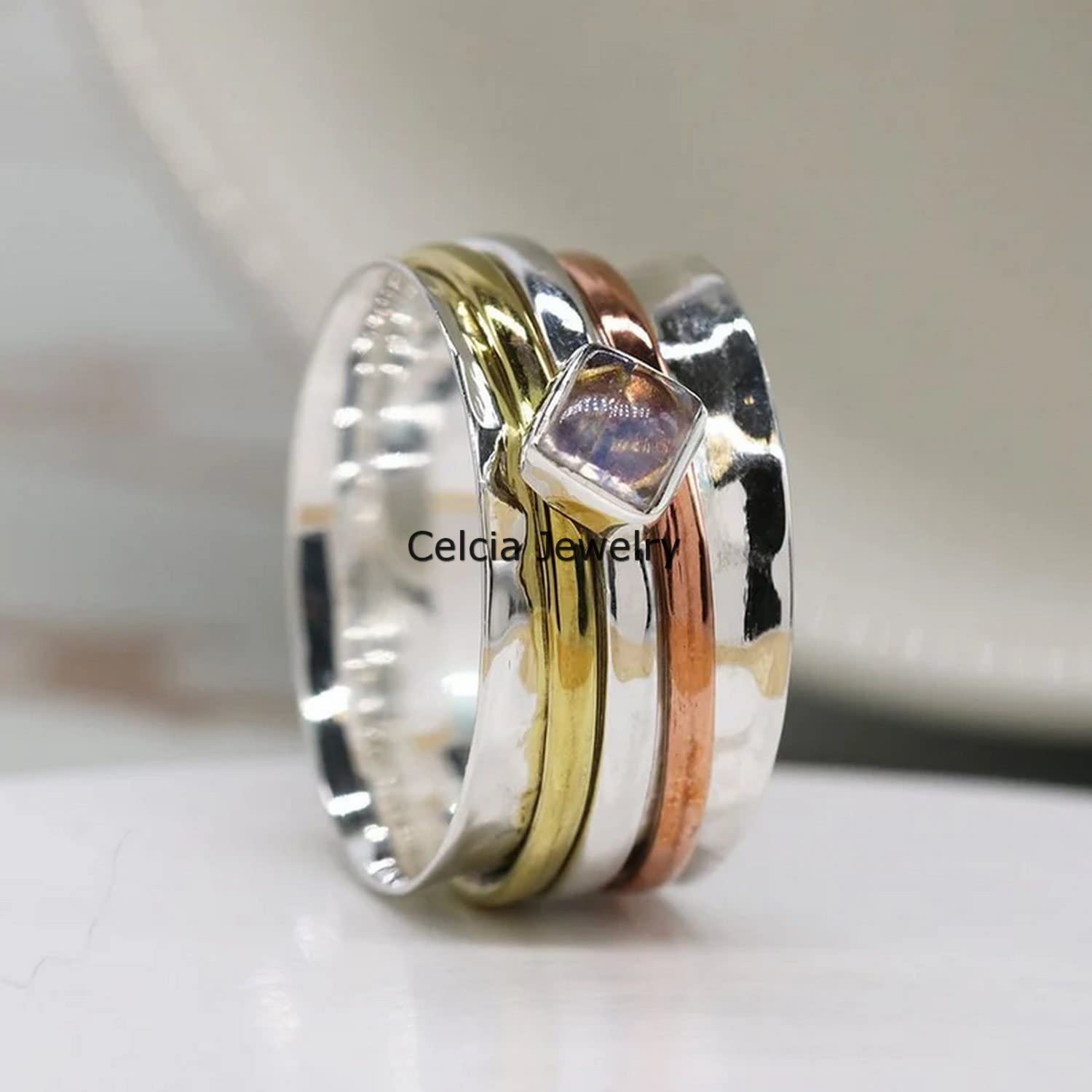 Moonstone Handmade Spinner Square Ring – Meditation & Anxiety Relief Fidget Ring, Three-Tone Hammered Design, Unique June Birthstone Jewelry (US Size 7) – Perfect for Stress Relief, Mindfulness Practice & Stylish Everyday Wear