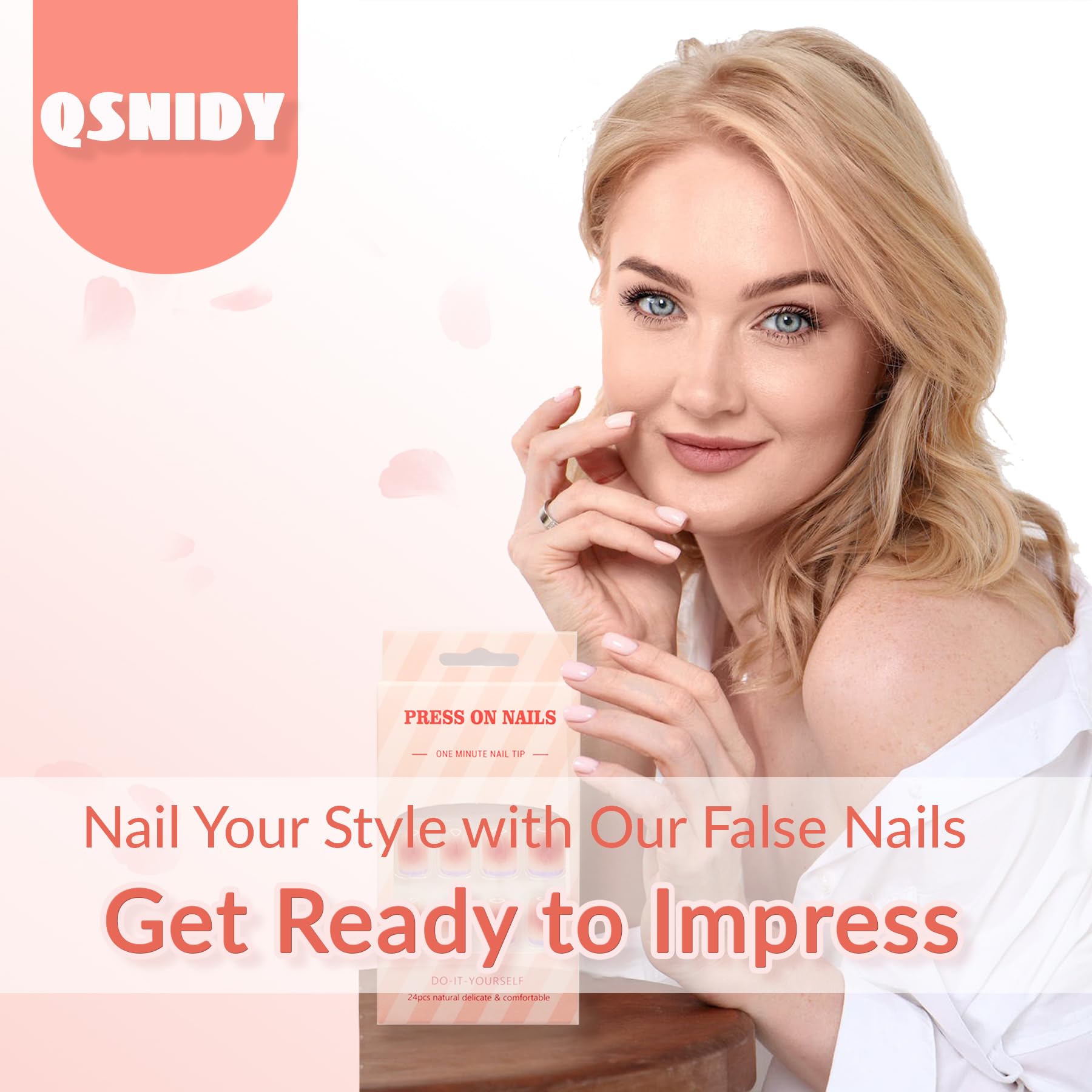 Almond Press on Nails - Brown Nude French Fake Nails Medium Length, Glossy Full Cover Glue on Nails for Women, Natural Fit Acrylic Stick on Nails in 12 Sizes (24-Piece Kit) - Perfect for Daily Wear, Parties, Weddings & Special Occasions