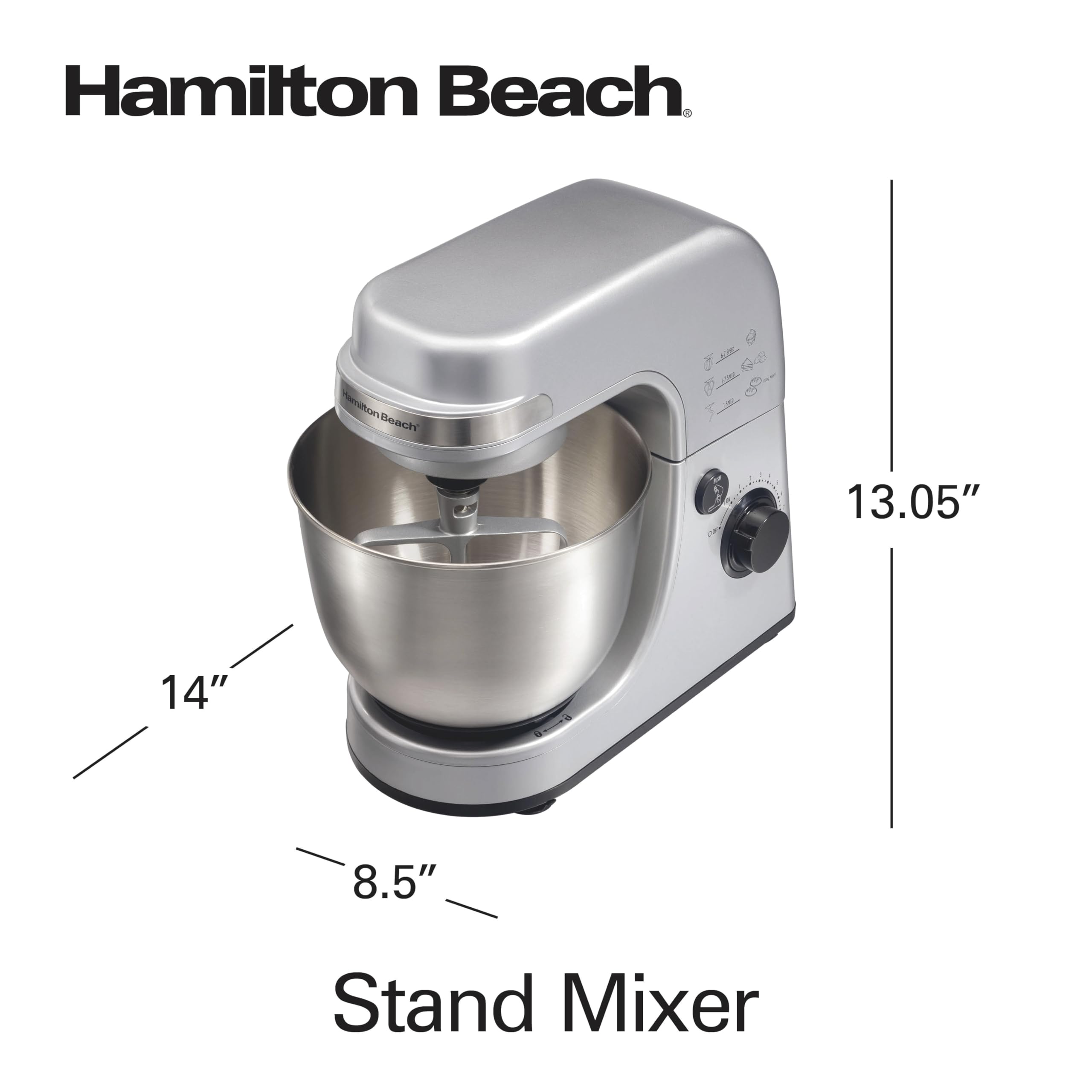 Hamilton Beach 4-Quart Electric Stand Mixer with Dough Hook, Flat Beater & Whisk - 7 Speed Settings & Splash Guard - Perfect for Baking Cakes, Cookies & Bread Dough (Silver)