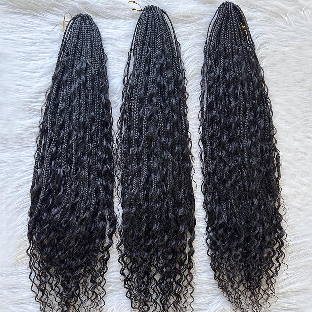 Boho Box Braids Crochet Hair with Human Hair Curly Ends - 18 Inch Pre-Looped Box Braids (2 Packs, 80 Strands) - Natural Color for Protective Styles & Everyday Wear