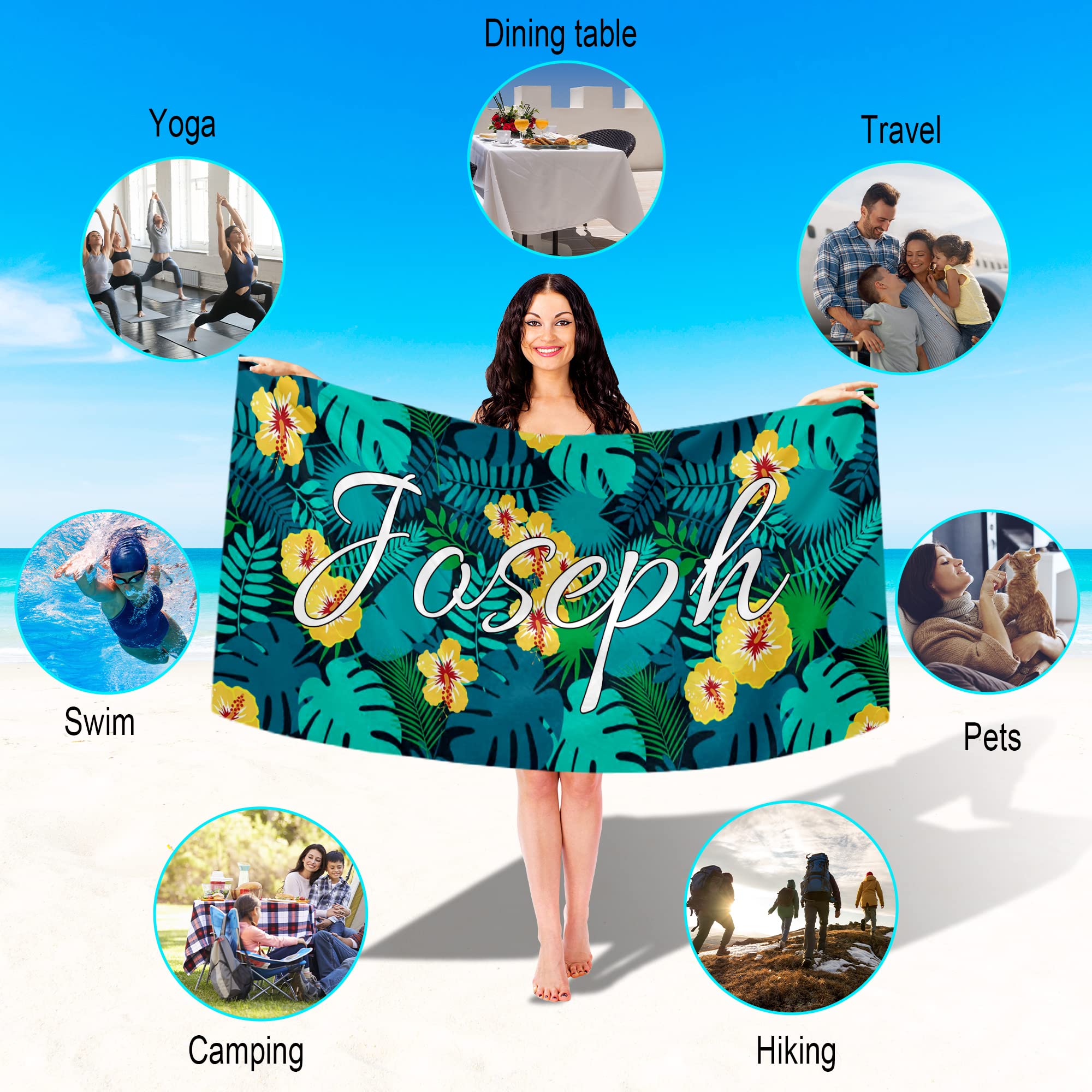 Personalized Custom Beach Towel with Name - Super Absorbent Quick Dry Microfiber Pool Towel for Swimming, Camping & Beach - Oversized Sand-Free Bath Towel for Women & Men - Perfect for Summer Vacations, Pool Parties & Outdoor Adventures