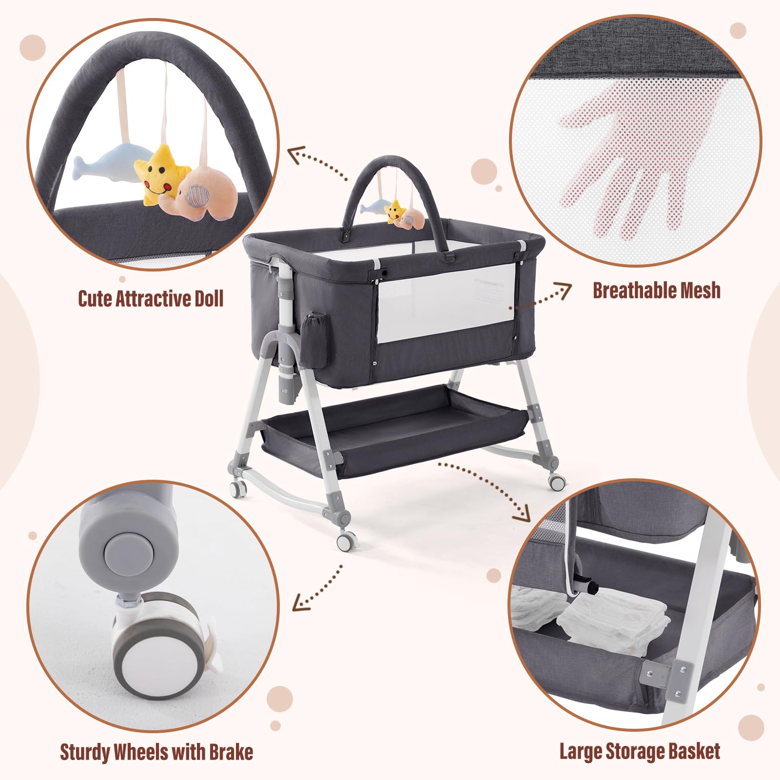 Jaoul 4-in-1 Adjustable Baby Bassinet & Bedside Sleeper - Portable Folding Crib with Comfort Mattress, Mosquito Net & Storage - Gray | Perfect for Newborns, Nursery, Co-Sleeping & Travel