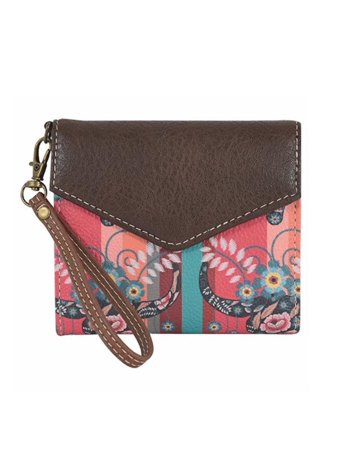 Women's Steer Head Print Mini Wallet - Turquoise & Coral Cowhide Leather Clutch for Everyday Use, Travel & Parties