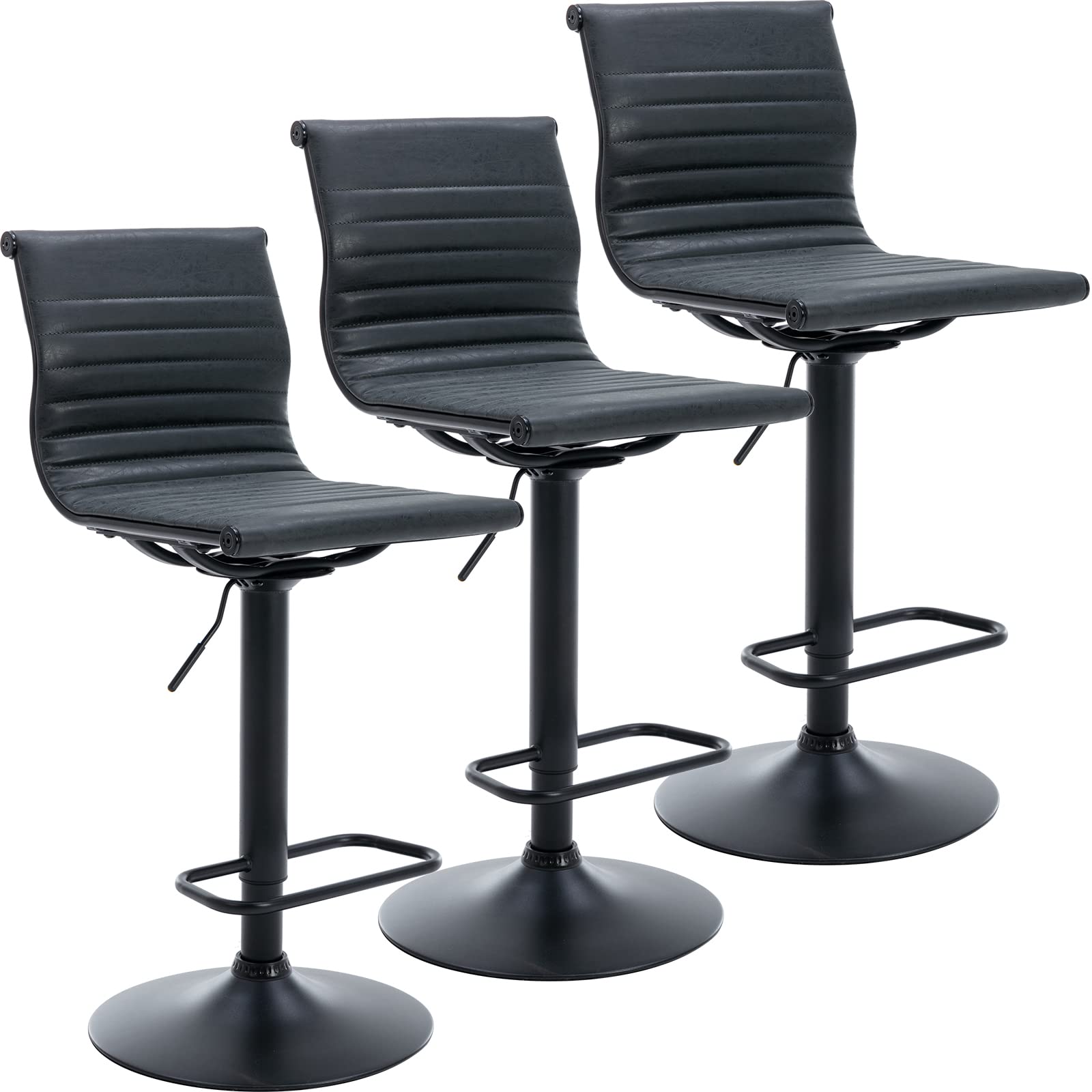 Modern Black PU Leather Metal Bar Stools Set of 3 - Height Adjustable Armless Counter Stools with Black Base for Kitchen Island, Bar & Dining Room - Perfect for Home, Restaurant or Cafe Use (3PCS)