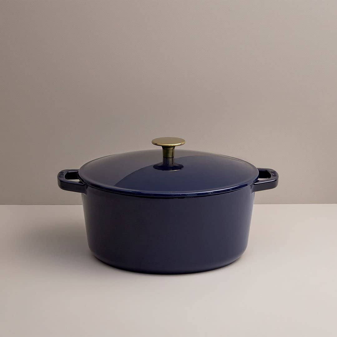 Premium Milo by Kana 3.5-Quart Enameled Cast Iron Dutch Oven with Lid - Navy Blue & Gold Knob | Heavy Duty Casserole Pot for Baking, Roasting & Slow Cooking | Oven & Dishwasher Safe Enamel Coated Cookware | Perfect for Soups, Stews & Family Dinners
