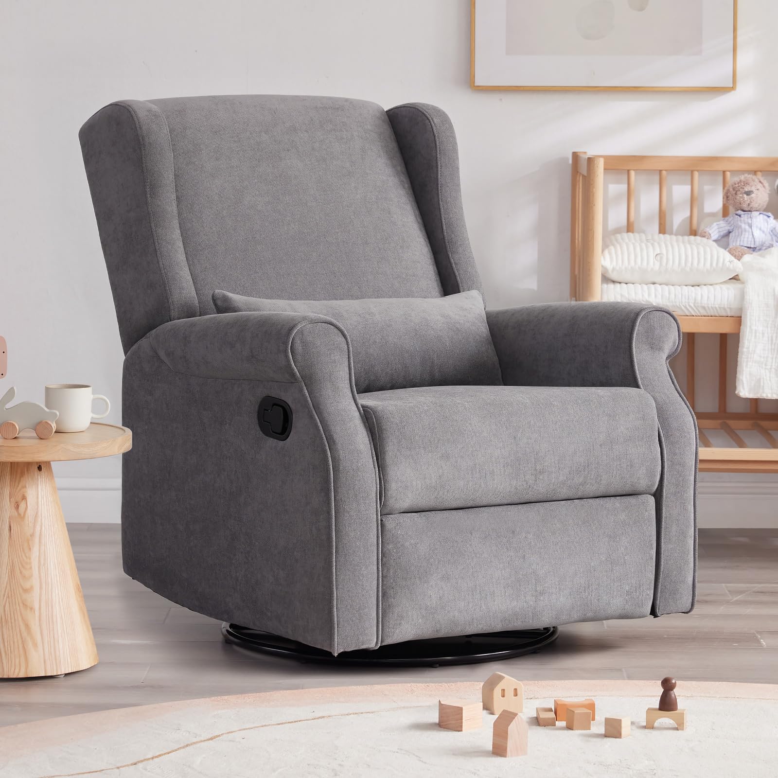 360° Swivel Nursery Glider Chair with Footrest - Manual Reclining Rocking Chair for Nursing Mothers, Baby Room & Living Room - Comfortable Grey Upholstered Glider for Breastfeeding, Relaxation & Nursery Decor