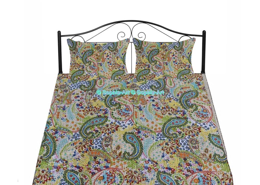 Sophia-Art Handmade Indian Kantha Cotton Quilt - Paisley Print Bohemian Bedspread, Sofa Cover & Throw Blanket for Bedroom, Living Room & Outdoor Use