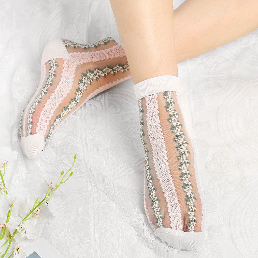 5 Pairs Women's Floral Ankle Socks - Black Breathable Elastic Silk Blend Socks with Embroidery Detail for Daily Wear & Fashion Outfits | Perfect for Work, Casual & Special Occasions