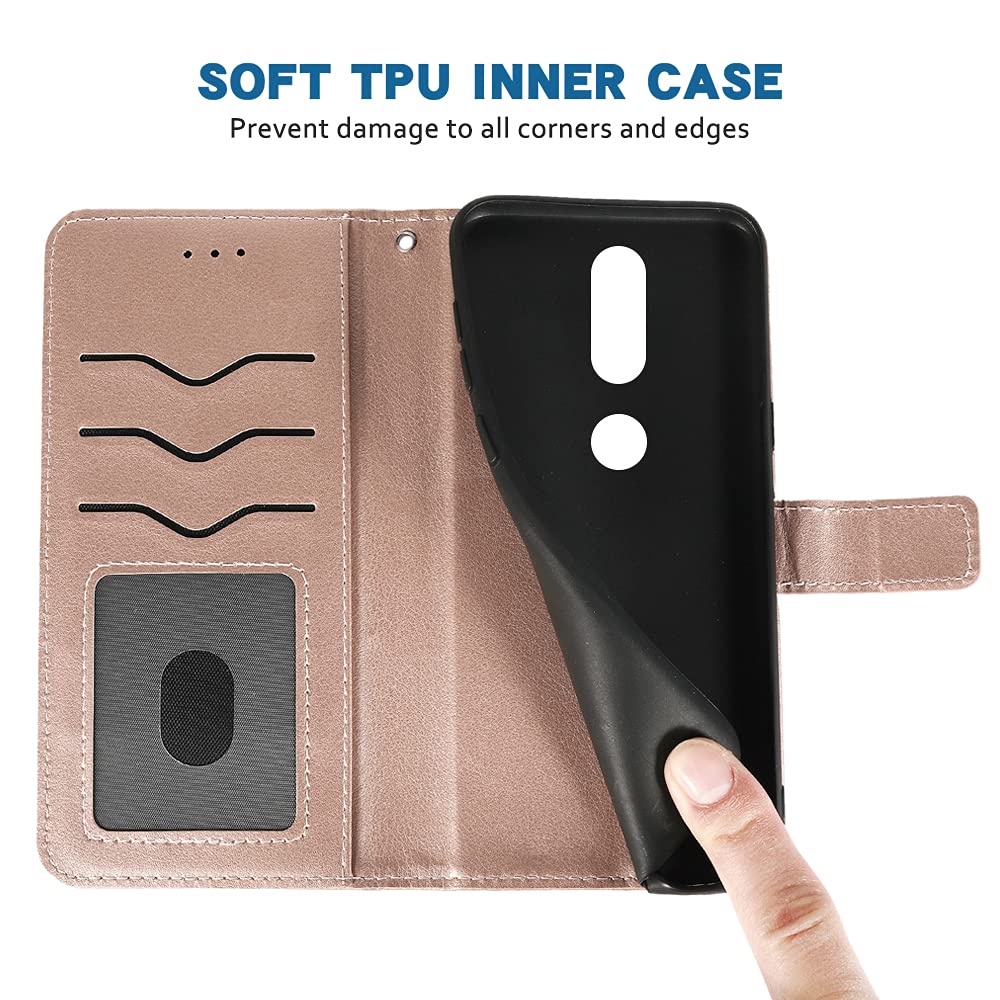 Premium Leather Wallet Case for Nokia 7.1 (TA-1085) - Flip Cover with Card Holder, Wrist Strap & Stand | Rose Gold Folio Phone Case for Women & Men | Perfect for Work, Travel & Daily Protection