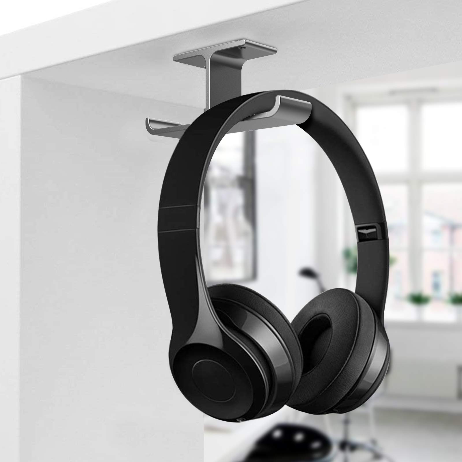 Under Desk Headphone Holder - Aluminum Adhesive Headset Stand for Gaming, Office & Home Use - Universal Fit for All Headphones (Grey) - Perfect for Workspace Organization & Cable Management