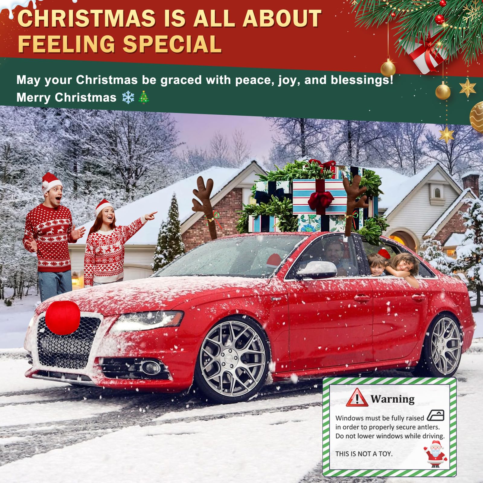 16.7 Inch Dark Brown Christmas Reindeer Car Decor Kit with 4 Adorable Santa Hats - Universal Fit for Most Vehicles, Perfect for Holiday Road Trips and Festive Car Decorations