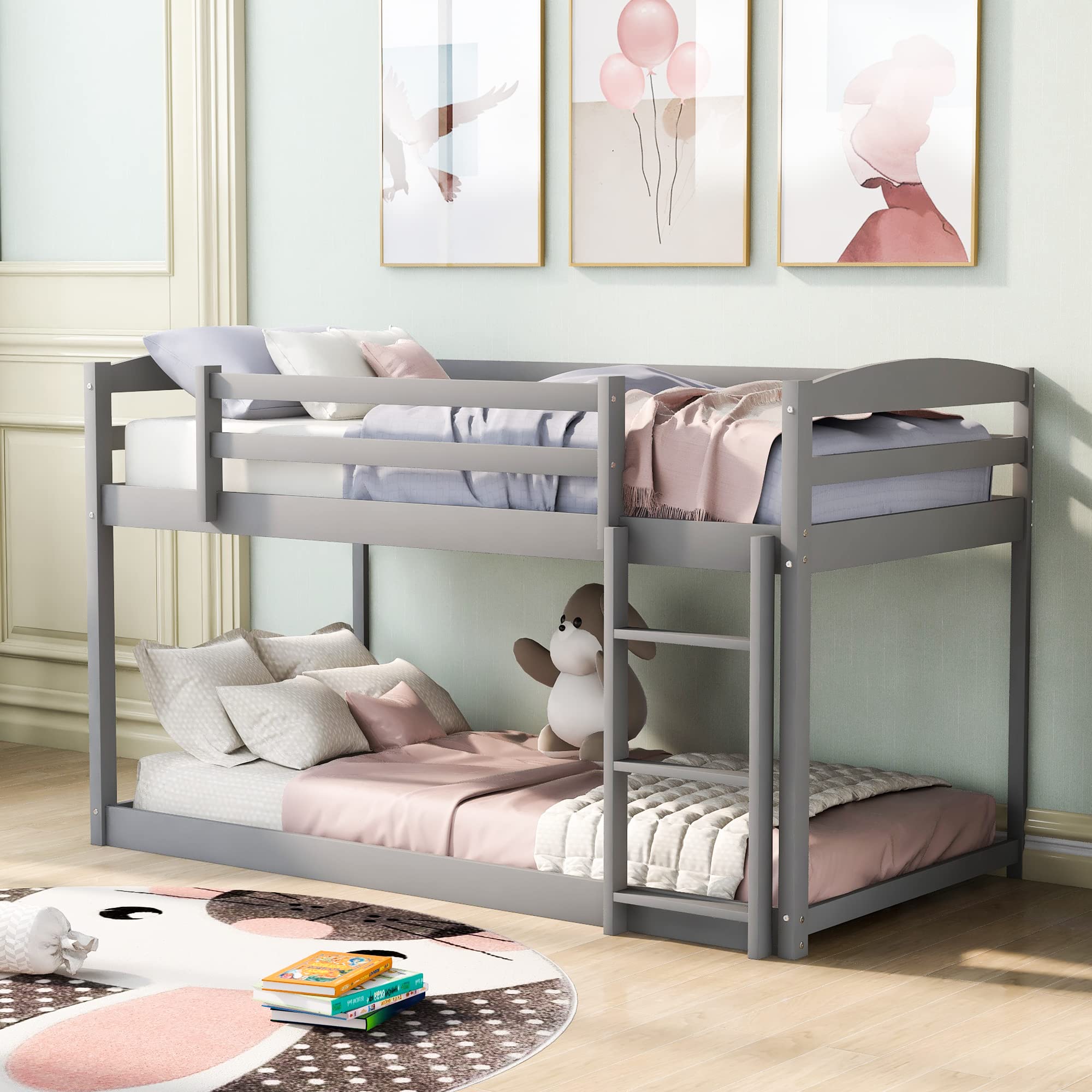Twin Over Twin Floor Bunk Bed with Ladder - Sturdy Wooden Bunk Bed for Teens & Kids - No Box Spring Needed - Space Saving Bedroom Furniture for Small Rooms & Shared Kids' Rooms