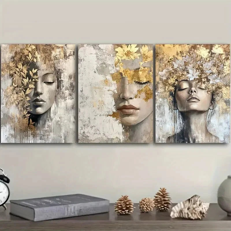3-Piece Golden and Gray Girl Art Painting Metal Print - Ready to Hang Wall Decor for Living Room, Bedroom & Office - Modern Home Artwork for Girls Room & Nursery Decor