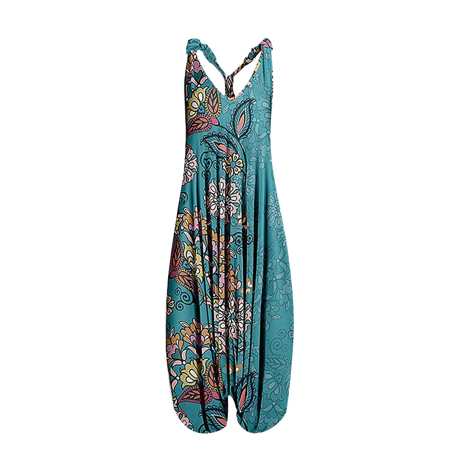 Plus Size Jumpsuits for Women - Vintage Boho Print Racerback Romper with Spaghetti Straps | Casual Summer Sleeveless Outfit for Beach, Vacation & Streetwear