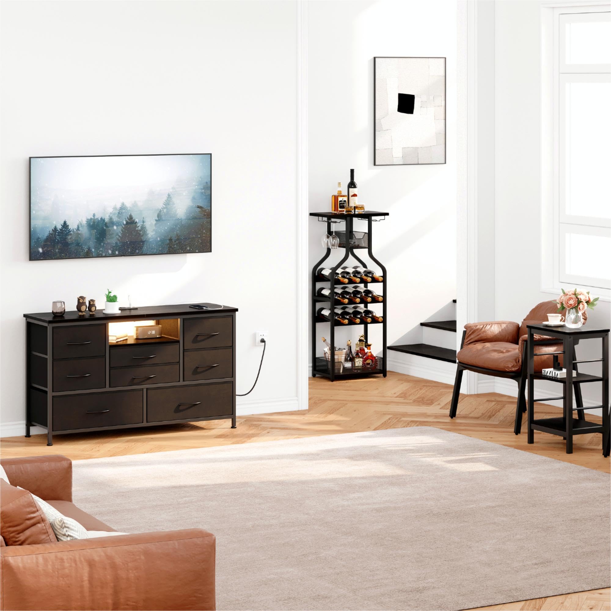 Jojoka 8-Drawer TV Stand with Power Outlet & LED Lights for 55-Inch TVs - Long Wooden Dresser for Bedroom Storage - Wide Console Table with Deep Drawers for Living Room, Entryway & Closet Organization - Perfect for Home Entertainment & Storage Solutions