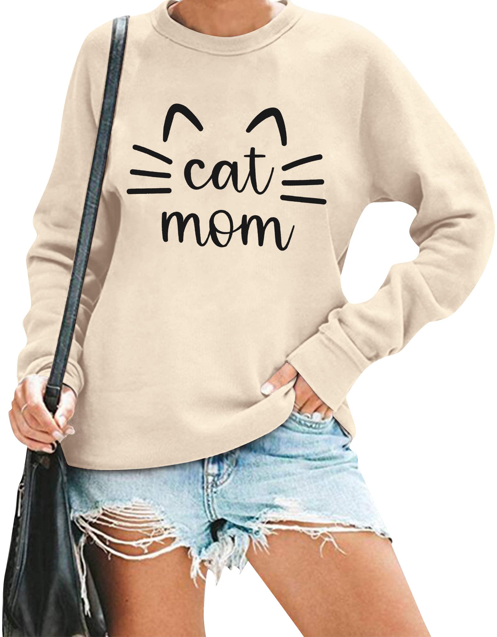 Women's Cute Cat Mom Sweatshirt - Long Sleeve Letter Print T-Shirt Top for Cat Lovers | Perfect for Casual Wear, Gifts & Cat-Themed Events