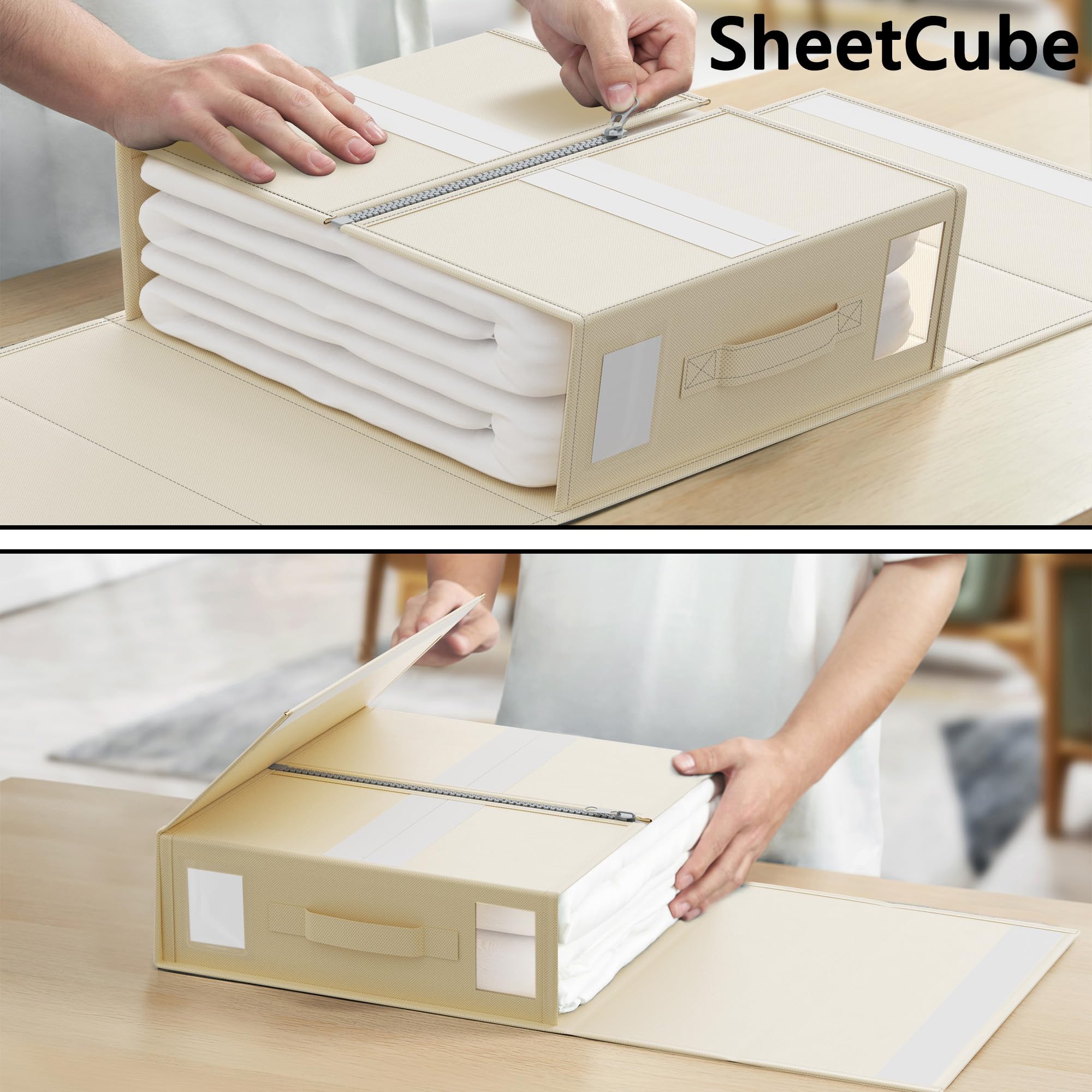 SheetCube 6-Pack Foldable Bed Sheet Organizers with Window & Label - Linen Closet Storage Box for Blankets, Duvet Covers & Sheet Sets | Space-Saving Home Organization for Bedrooms & Closets (Beige)