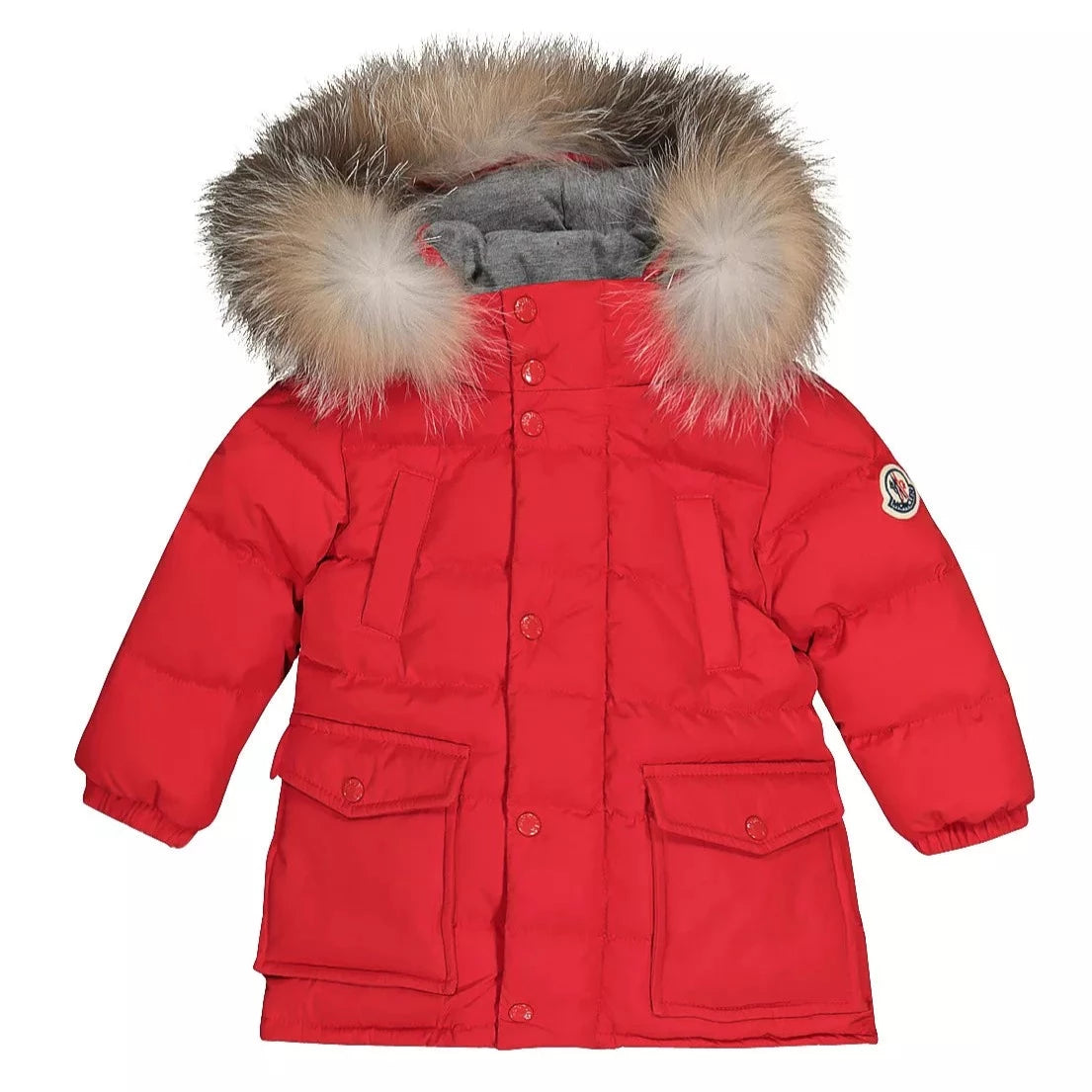 Moncler Red Fur-Trimmed Down Parka for Infants - Warm Winter Coat for Babies, Perfect for Cold Weather & Outdoor Adventures