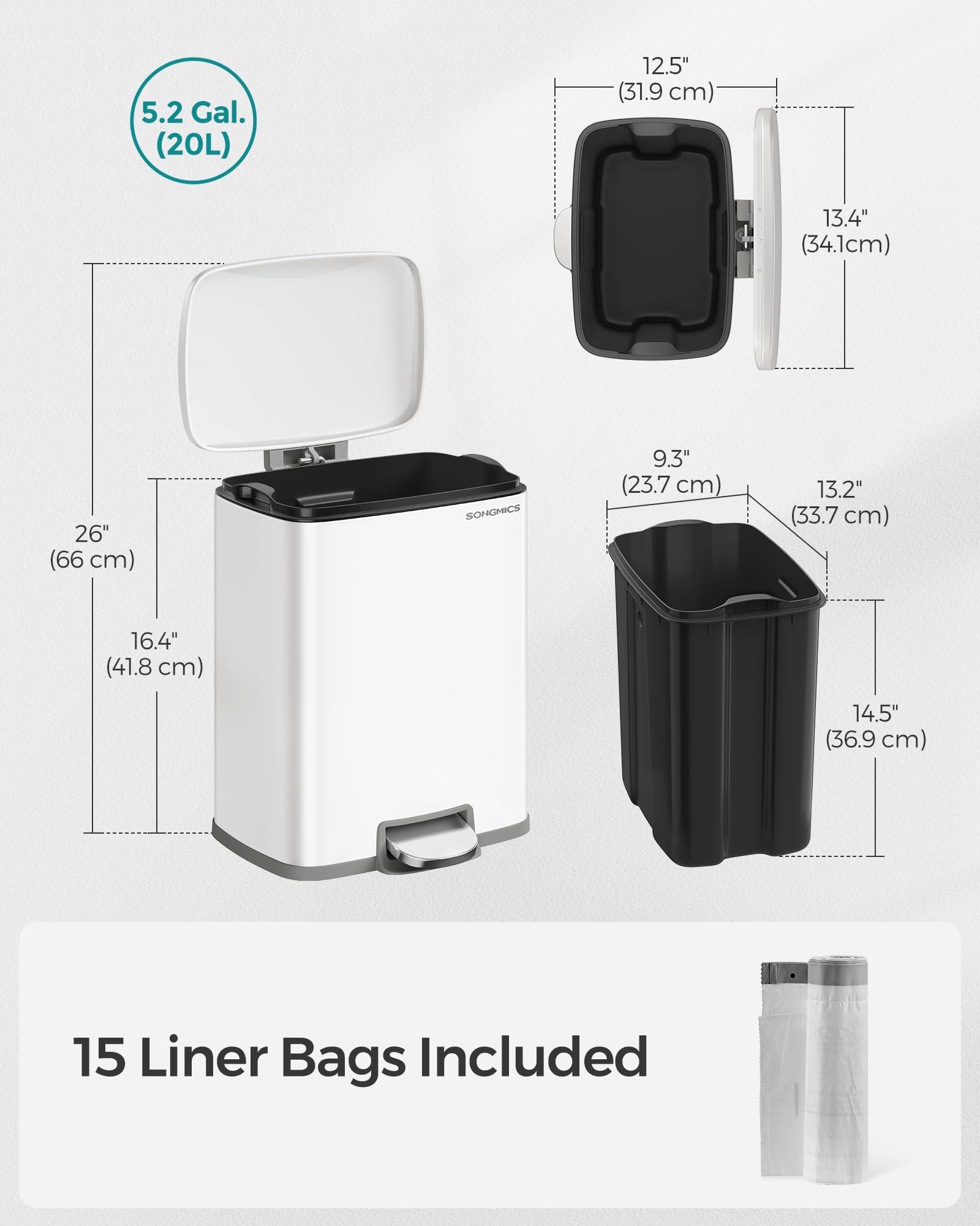 SONGMICS 5.2-Gallon Stainless Steel Step Trash Can with Lid - Soft Close, Stay Open Feature & Inner Bucket - Includes 15 Trash Bags - Perfect for Kitchen, Bathroom, Office or Garage Waste Disposal - White (ULTB543W01)