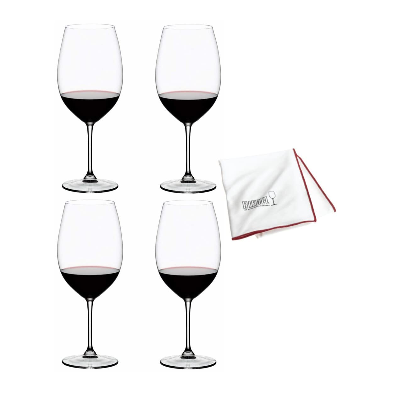 Premium Riedel Vinum Bordeaux Grand Cru Wine Glasses Set (4-Pack) with Polishing Cloth - Crystal Clear Stemware for Red Wine Tasting, Fine Dining & Elegant Entertaining