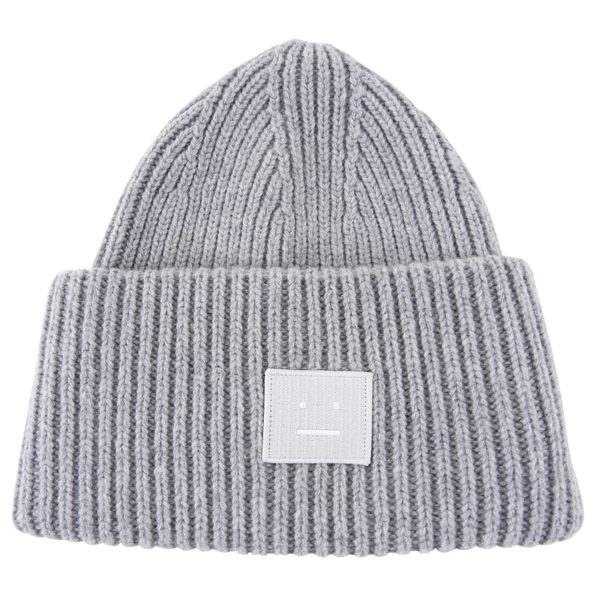 Acne Studios Light Grey Wool Knit Smile Patch Beanie - Warm Winter Hat for Men & Women, Perfect for Outdoor Activities & Street Fashion