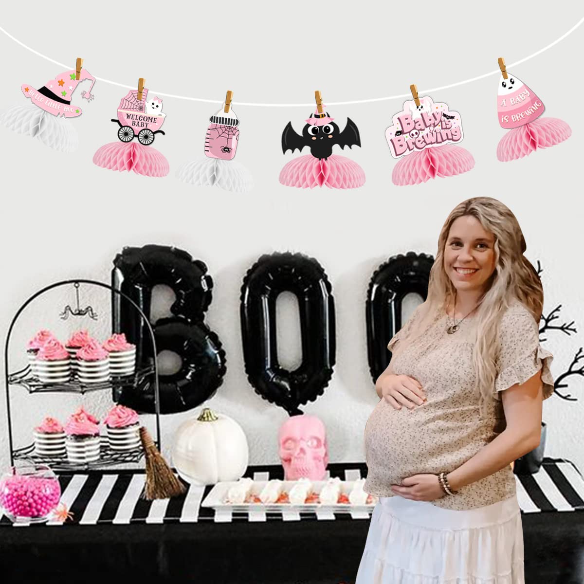 8 Pack Pink Honeycomb Halloween Baby Shower Decorations - 'A Baby is Brewing' Gender Reveal Party Supplies for Pregnancy Celebration, Table Centerpieces & Nursery Decor | Perfect for Baby Shower, Halloween Party & Gender Reveal Events