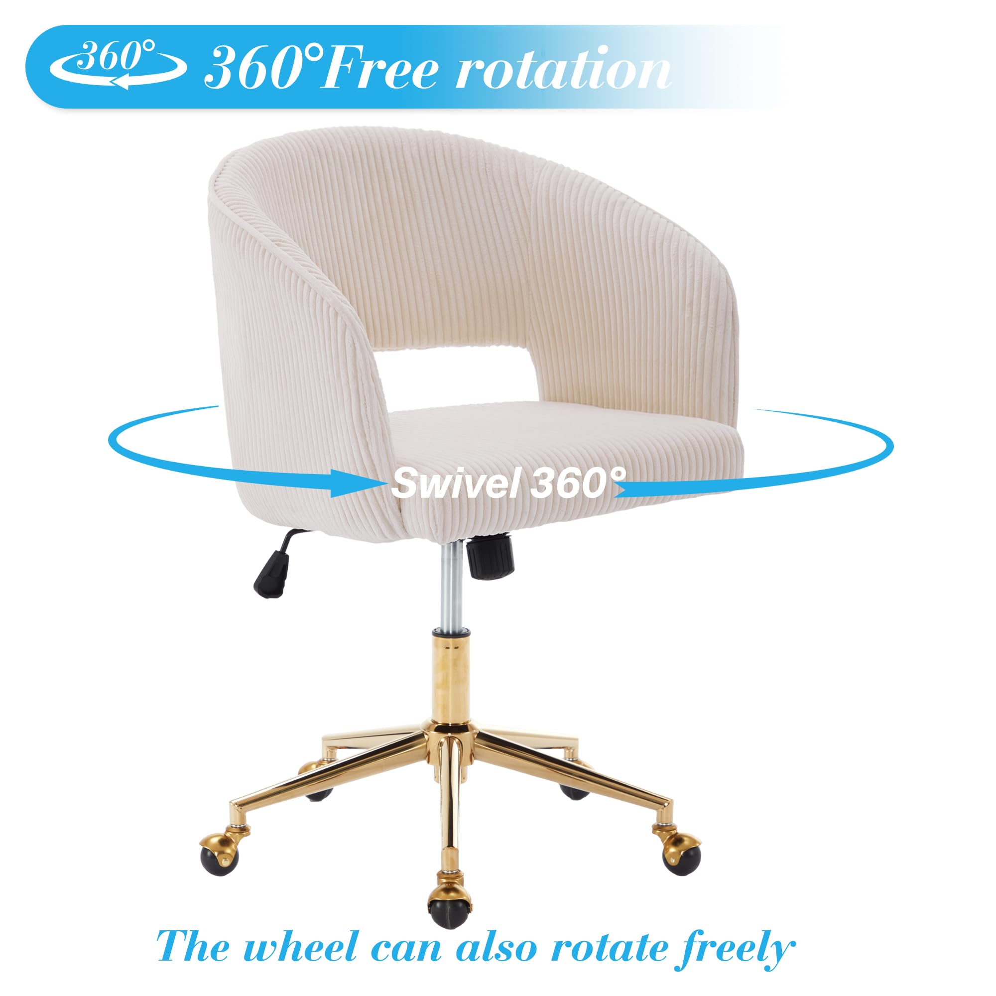 Ergonomic Swivel Office Chair with Corduroy Upholstery & Gold Base - Modern Tufted Desk Chair for Women, Girls, Home & Study - Comfortable Computer Task Stool for Living Room, Bedroom & Home Office (Beige)