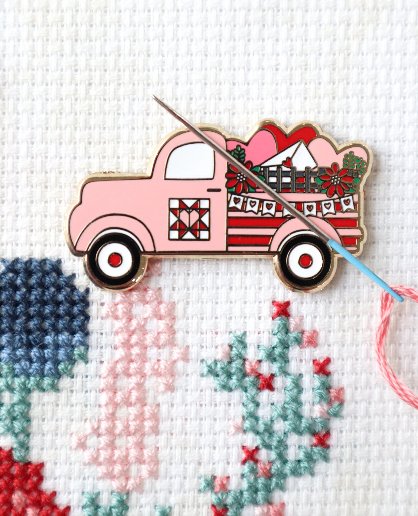 Flamingo Toes Vintage Truck Needle Minder - Magnetic Pin Cushion for Sewing, Quilting & Embroidery - Perfect Valentine's Day Gift for Crafters