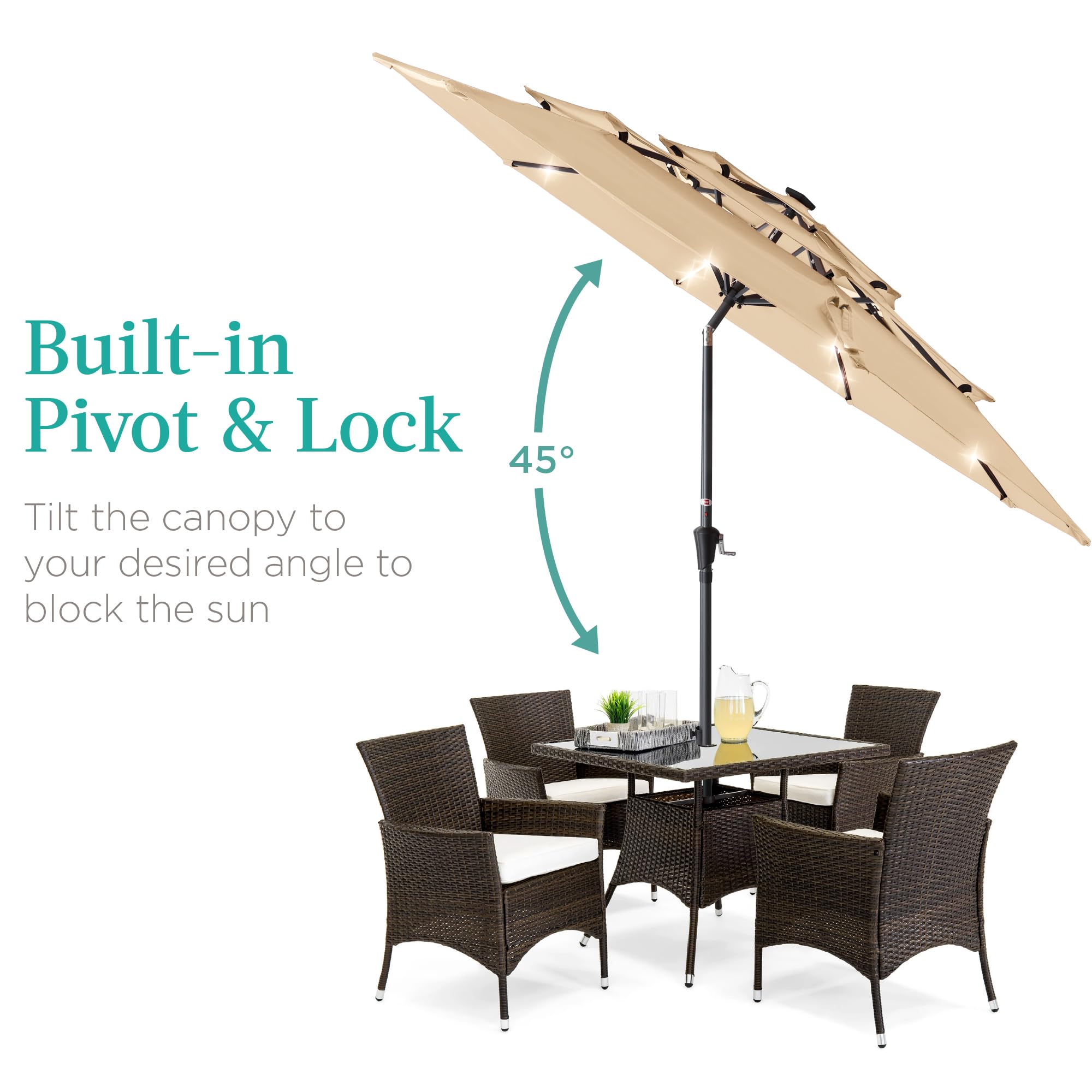 Best Choice Products 10ft 3-Tier Solar Patio Umbrella with 24 LED Lights - Adjustable Tilt & Easy Crank, 8-Rib Sun Shade for Backyard, Deck, Poolside - Perfect for Outdoor Dining, Lounging, and Summer Gatherings (Sand Color)