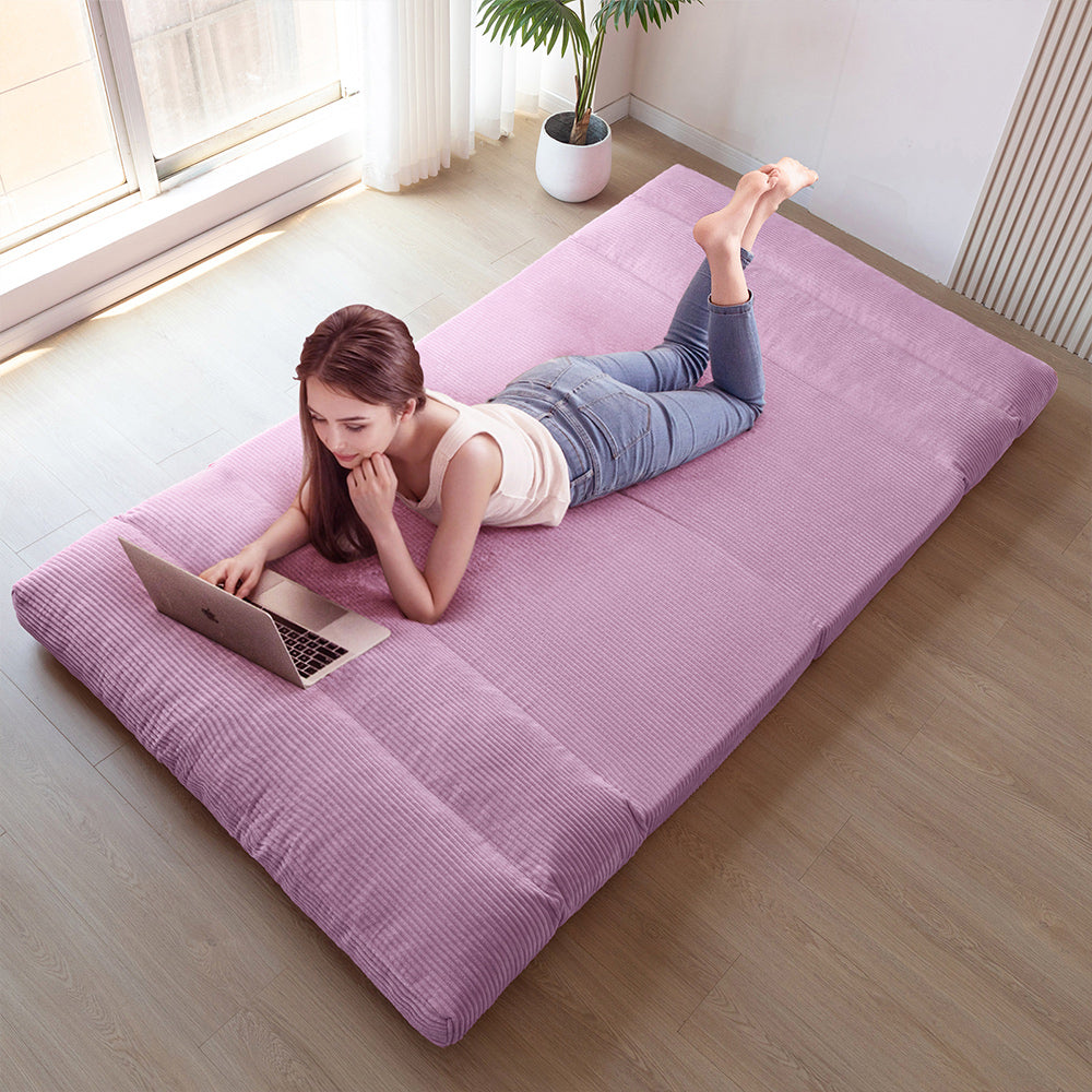 MAXYOYO Corduroy Bean Bag Folding Sofa Bed - Extra Wide Foldable Floor Mattress in Purple | Perfect for Living Room Lounging, Guest Bed & Dorm Room Comfort