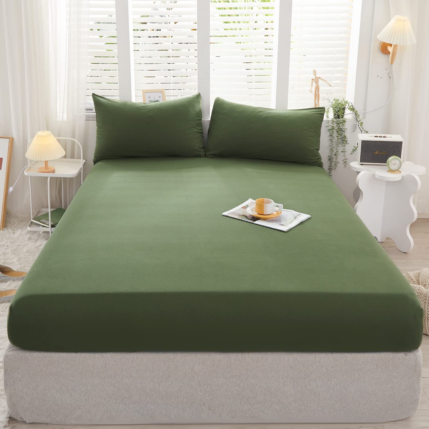LIFETOWN 100% Jersey Knit Cotton Sheet Set - Ultra Soft Wrinkle-Free Deep Pocket Fitted Sheet with 2 Pillowcases (Queen Size, Olive Green) | Perfect for Cozy Bedroom, Guest Room & Dorm Comfort