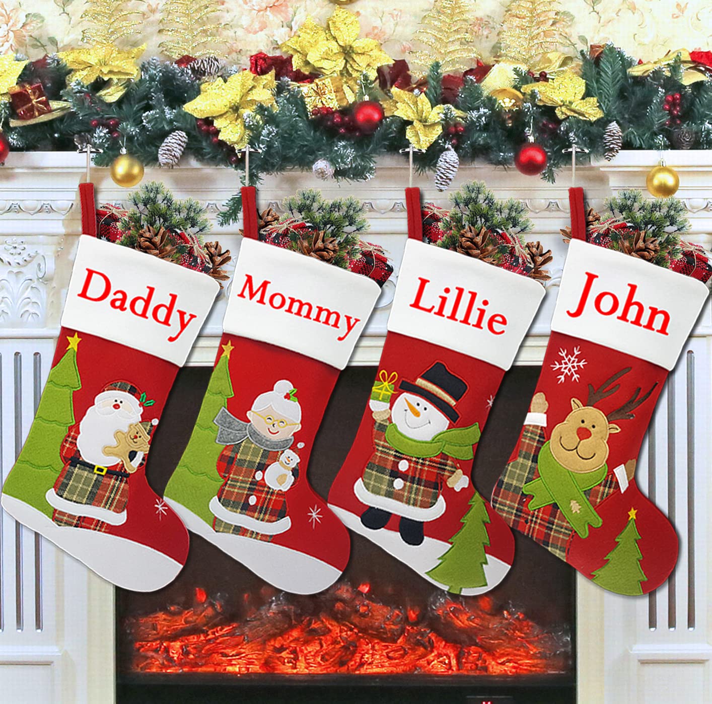 Set of 4 Personalized Christmas Stockings - 18 Inch Fleece Stockings with Embroidery Names for Family (Santa, Mrs. Claus, Snowman, Reindeer Designs) - Perfect for Holiday Decor, Fireplace Mantel & Gift Giving