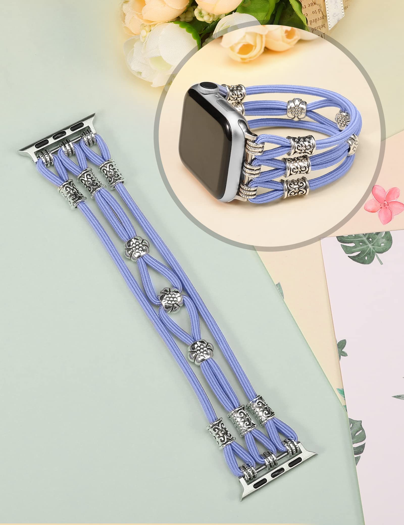TOYOUTHS Beaded Bracelet for Apple Watch 38mm 40mm 41mm 42mm - Boho Braided Elastic Stretch Band Compatible with iWatch Series 10/9/8/7/6/5/4/3/2/1/SE/XS - Women's Fashion Accessory for Work, Gym & Everyday Wear