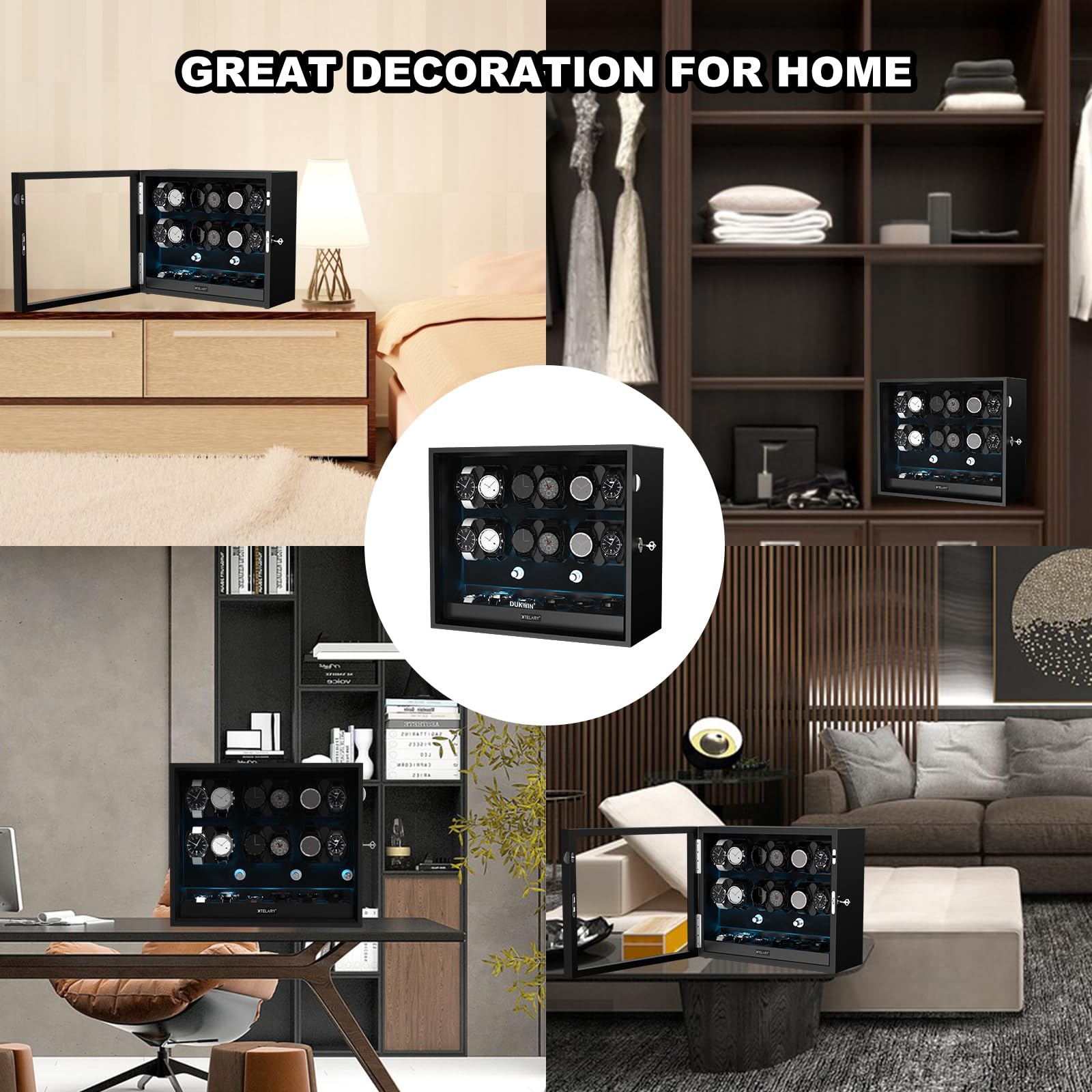 XTELARY Lockable Automatic Watch Winder for 4/6/8/12 Watches - 4 Rotation Modes with Quiet Motor & LED Backlight | Perfect for Watch Collectors, Luxury Timepiece Storage & Travel Protection