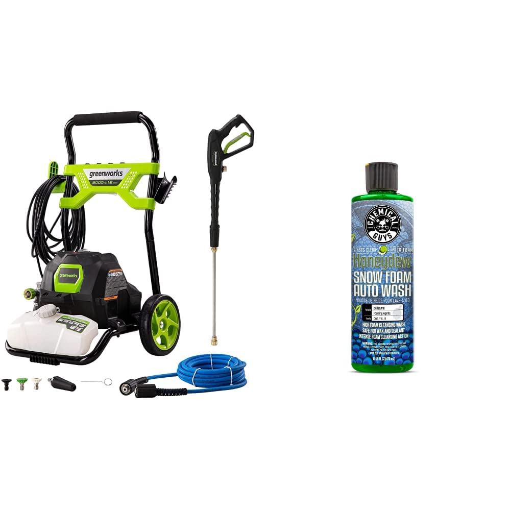 Greenworks 2000 PSI 1.2 GPM Electric Pressure Washer GPW2003 & Chemical Guys Honeydew Snow Foam Car Wash Soap (16 fl oz) - Safe for Cars, Trucks, Motorcycles, RVs - Perfect for Home Driveway Cleaning and Vehicle Detailing