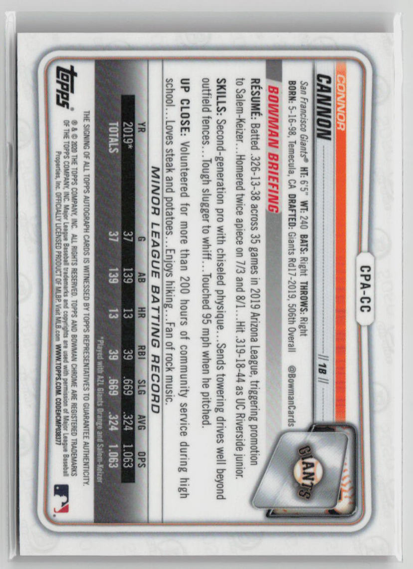 2020 Bowman Chrome Connor Cannon Orange 1st Bowman Auto 04/25 #CP4 CC Baseball Card - Rare Collectible for Sports Memorabilia & Trading Card Enthusiasts