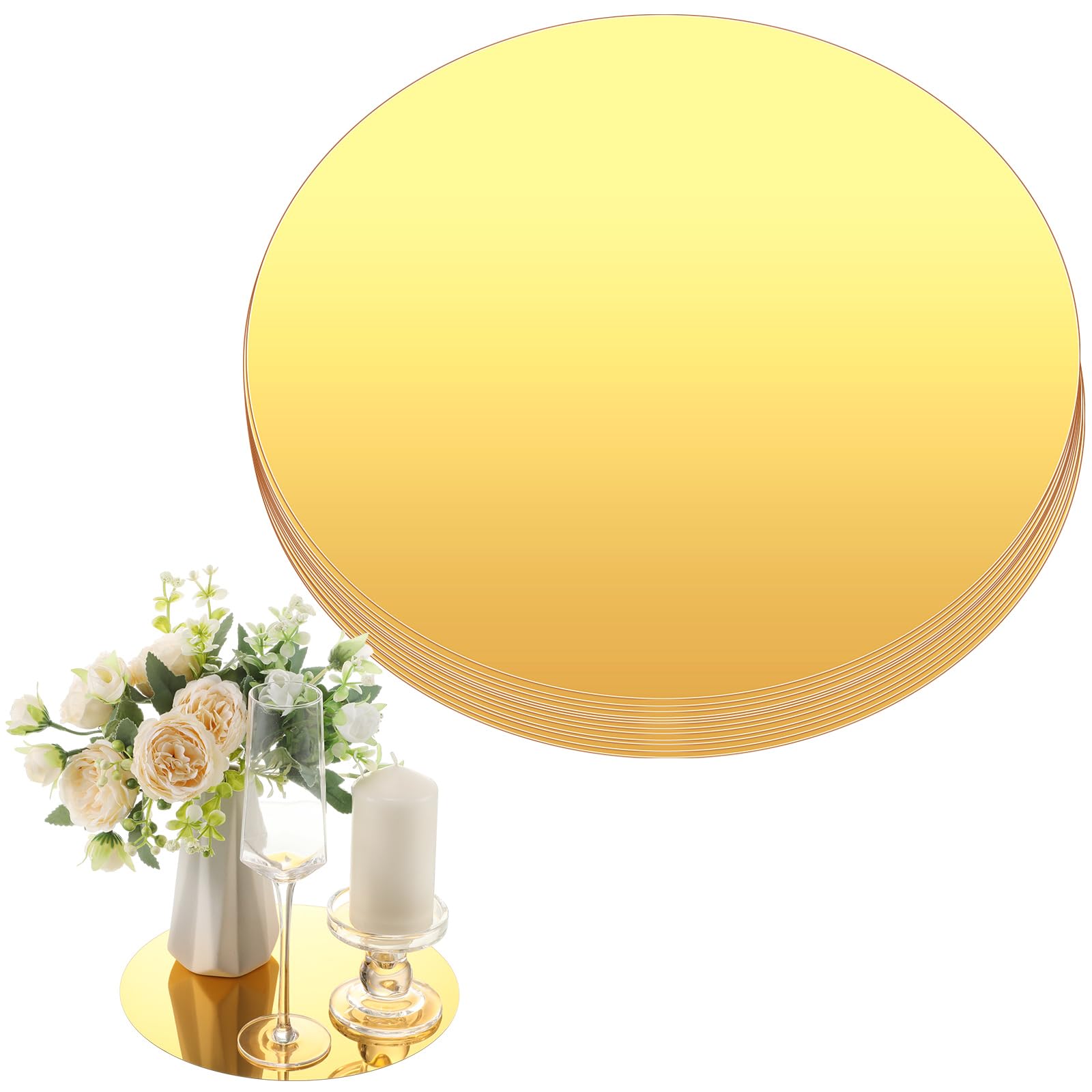 12 Pack 10 Inch Gold Acrylic Round Mirrors - Decorative Table Centerpieces, Wall Decor, Candle Plates & Mirror Trays for Weddings, Baby Showers & Parties (1mm Thick) - Perfect for Home Decor, Event Styling & DIY Projects
