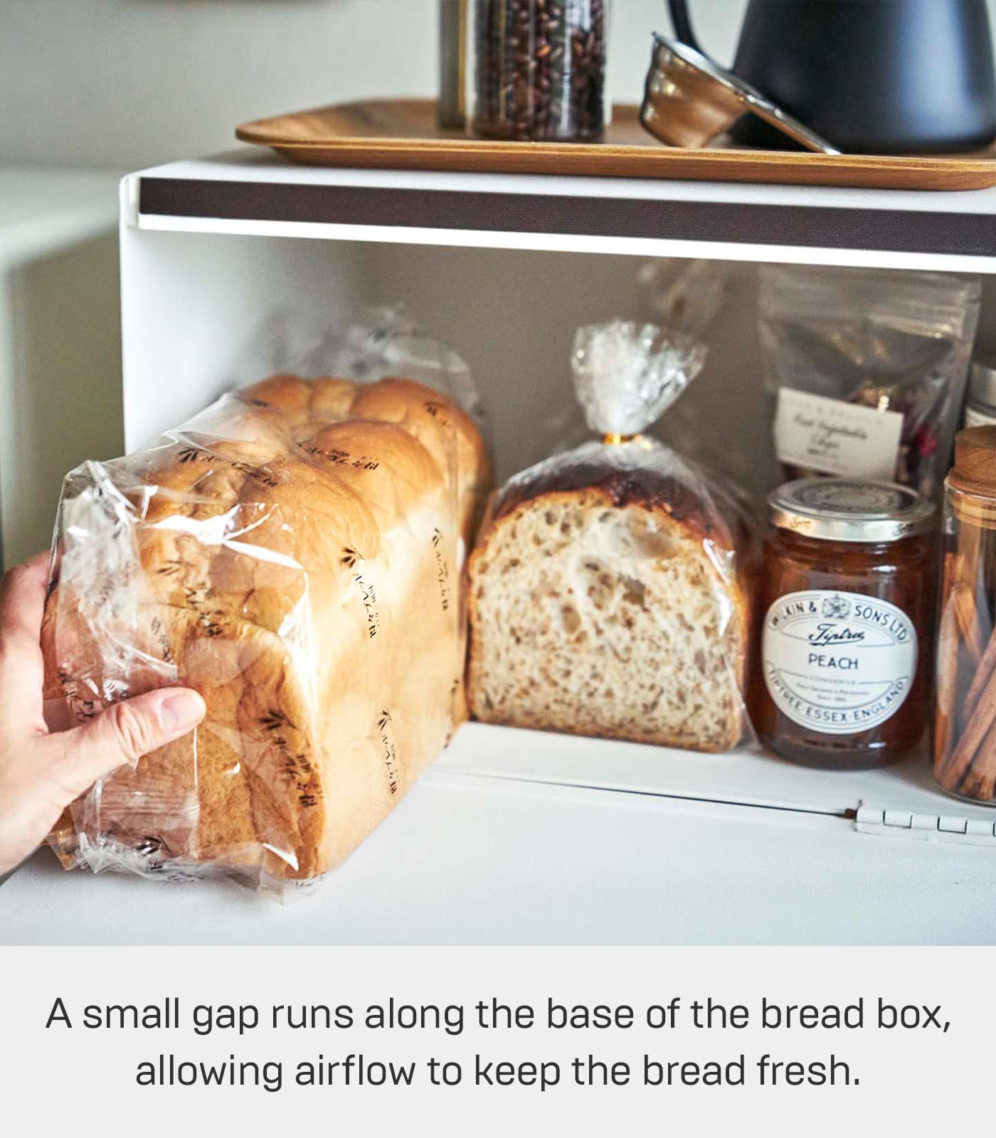 Yamazaki Home Metal Bread Box - Slim Space Saving Counter Storage for Bread, Baguettes, and Pastries - Perfect for Kitchens, Bakeries, and Small Spaces - Horizontal Steel Bread Keeper Container