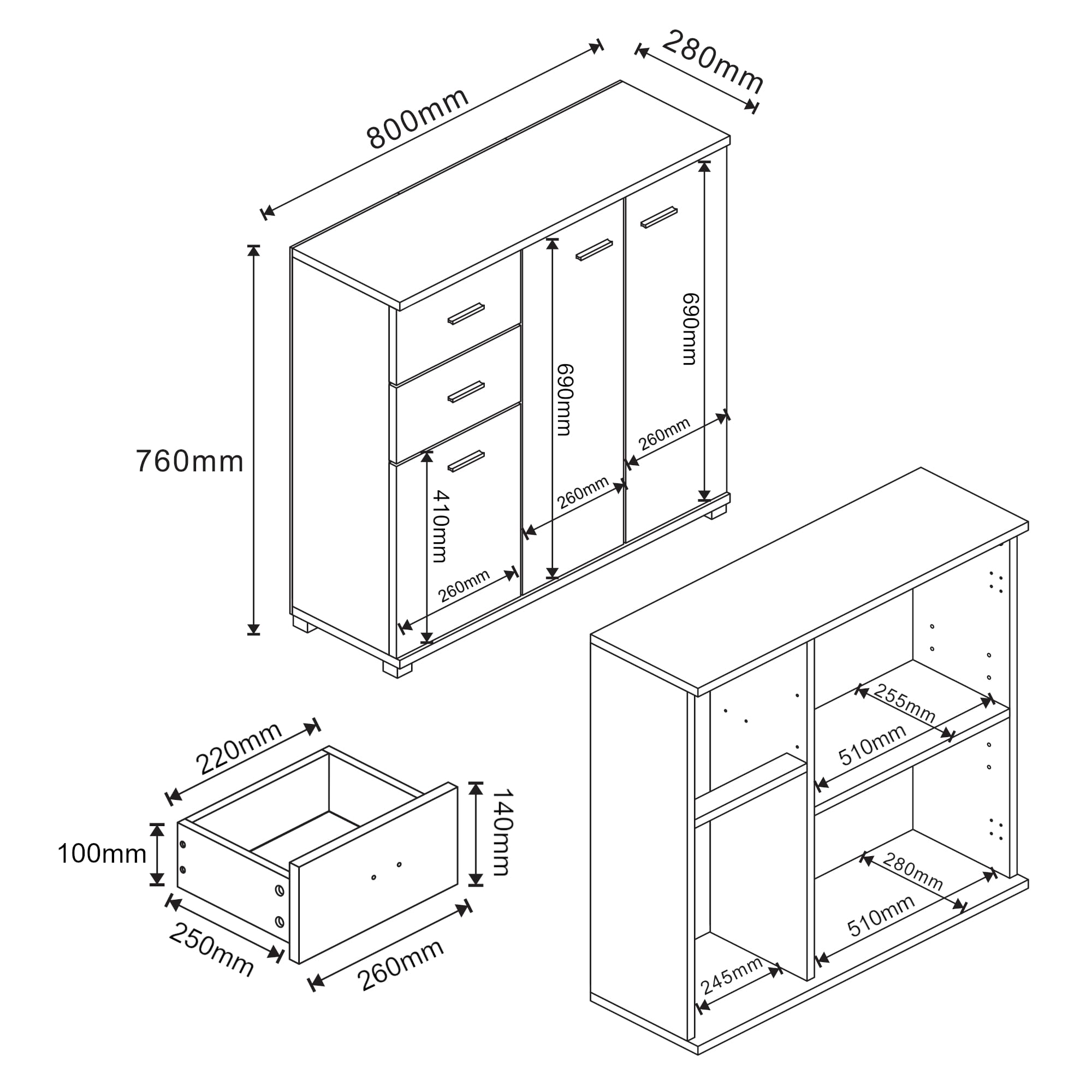 Narrow Wardrobe with 2 Drawers & Doors - 76x80x28cm Sonoma Oak Cabinet for Shoes & Storage