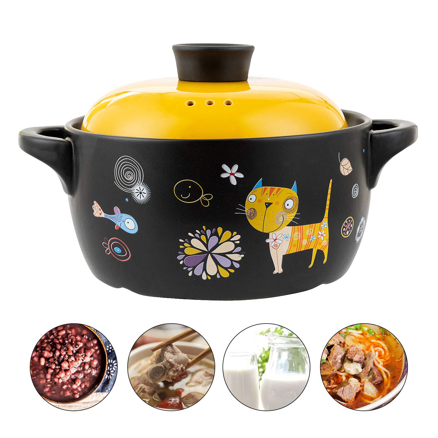 Yellow Cat Ceramic Stockpot 2.6 Quart - Clay Cooking Pot for Stovetop, Stew Pot, Hot Pot & Soup - Cartoon Pattern Casserole Cookware - Perfect for Kitchen, Camping & Family Dinners