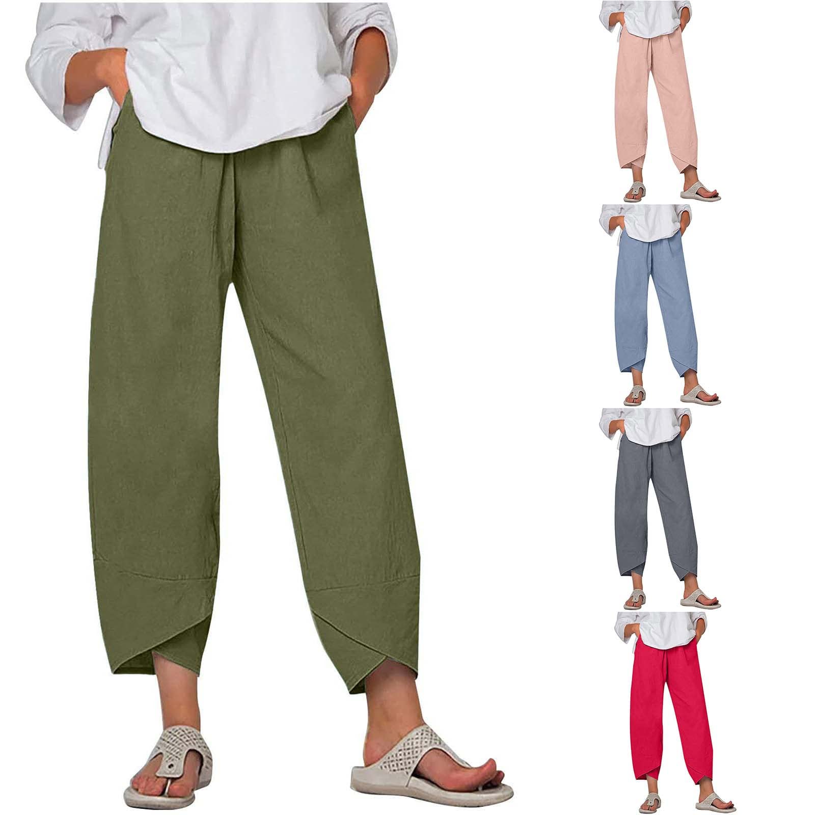 SEAOPEN Women's Cotton Linen Palazzo Pants - Elastic Waist Wide Leg Capri Pants, Casual Loose Beach Trousers with Pockets (Pink, Large) | Perfect for Summer, Vacation & Boho Style Outfits