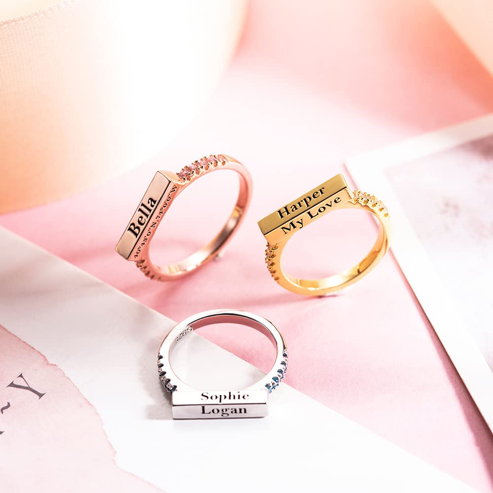 Custom Stackable Bar Ring for Women - 925 Sterling Silver Personalized Engraved Initial/Year/Name Rings with Birthstone | Anniversary, Birthday, Mother's Day Gift for Her, Mom, Daughter & Girlfriends | Perfect for Stacking, Layering & Everyday Wear